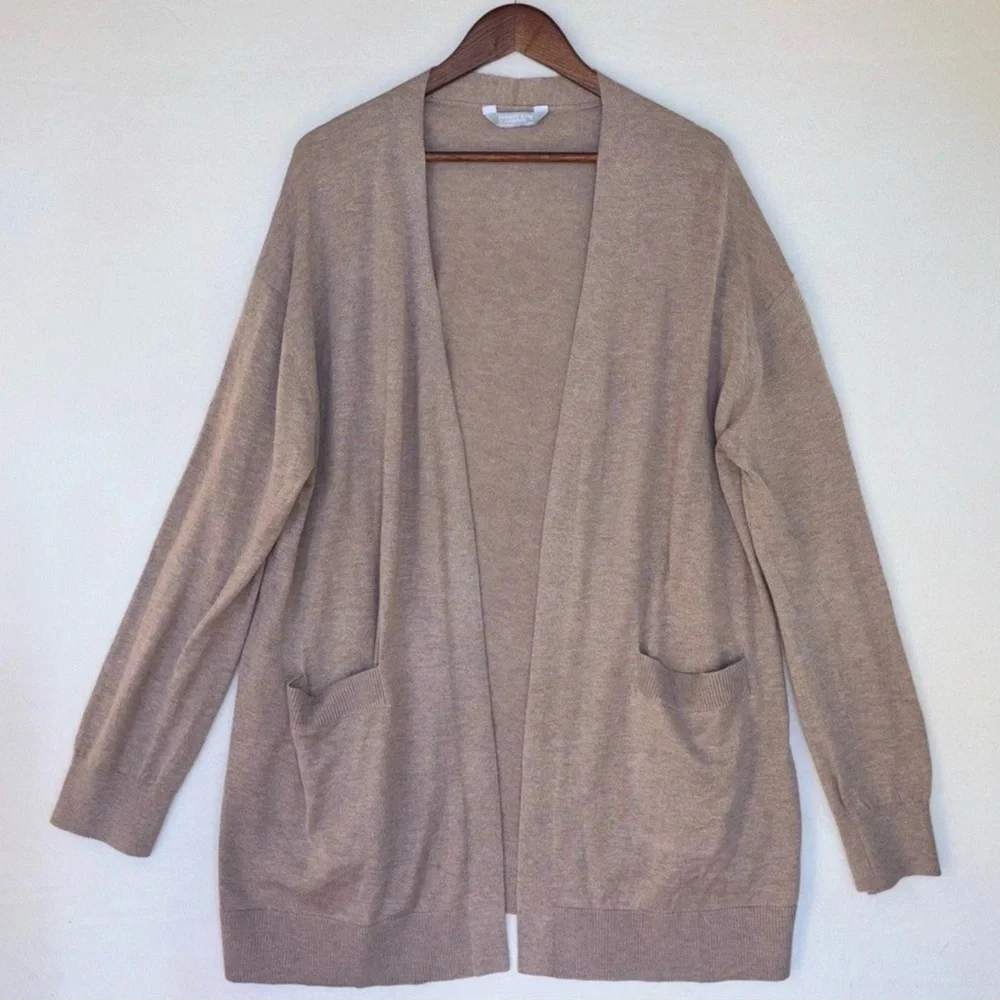 CASHMERE Wool Cardigan Sweater‎ Brown Beige Tan Neutral Long Open Front Small
